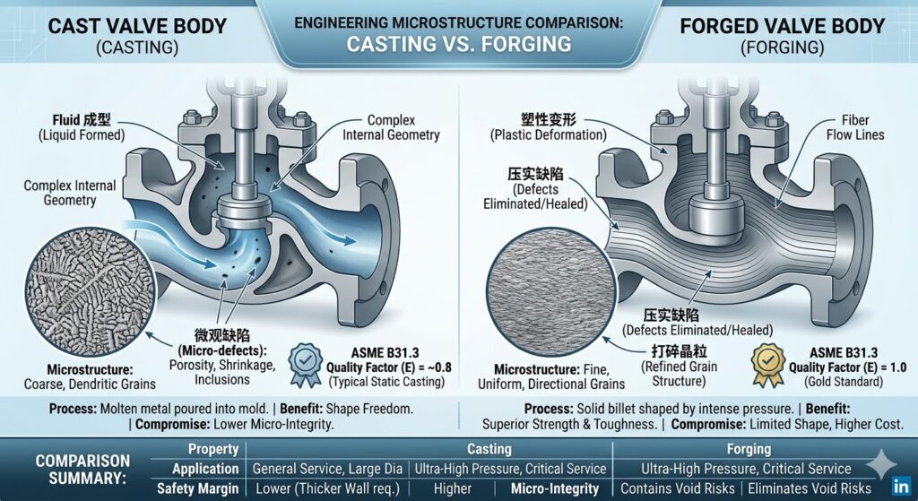 Forged vs. Cast Valve Bodies: A Technical Guide to ASTM A105 & WCB 8 Microstructure comparison: Porous Casting vs Dense Forged Grain Flow