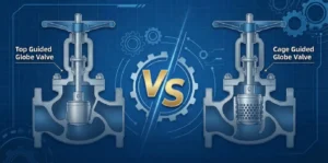 A technical comparison illustration showing a cross-section of a Top Guided Globe Valve on the left and a Cage Guided Globe Valve on the right