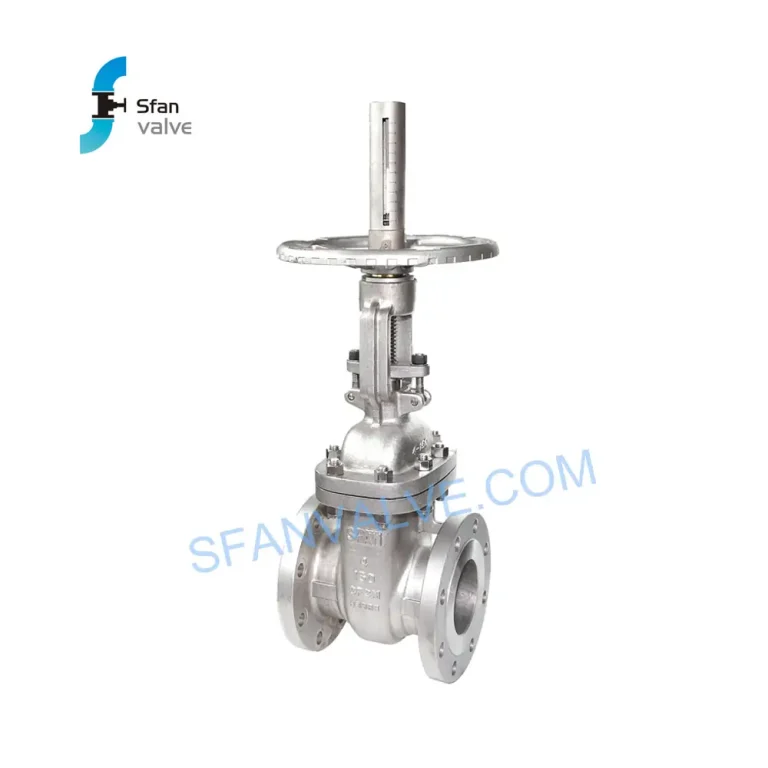 Side view of a 2-inch Class 150 flanged gate valve made of CF8M stainless steel, featuring a rising stem with position indicator and manual handwheel operation by Sfan Valve.